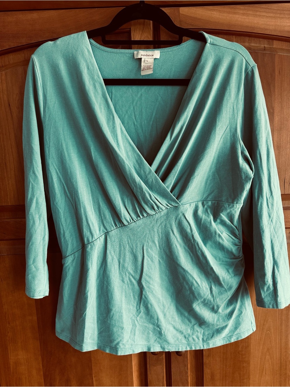 Sundance Teal Asymmetrical  Wrap-Style V-Neck 3-Qtr Sleeve Top, size L, NWOT
